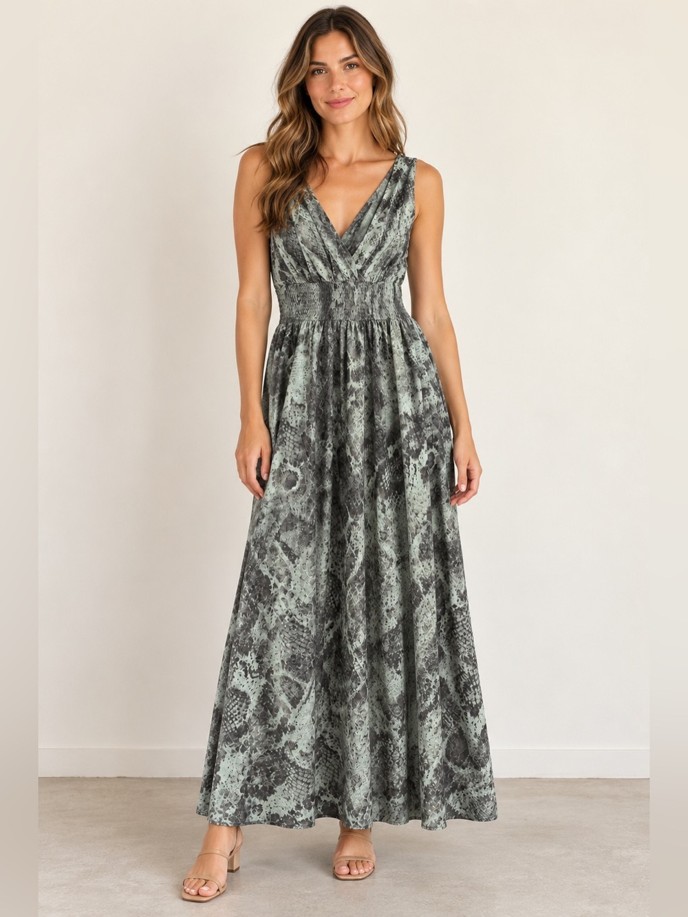 Chaudry KC Green Snake Skin Print Surplice Maxi Dress Smocked Waist NWT M #1083